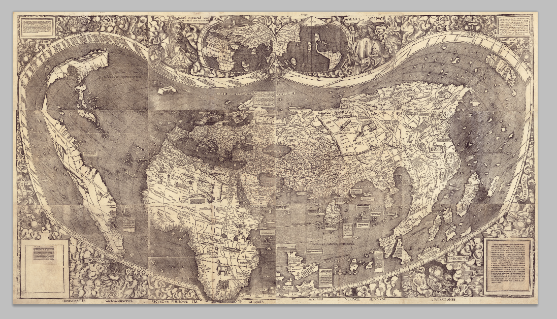 Mapa mural del mundo (metodo tradicional-Ptolomeo) con otras tierras Américo Vespucio 1507